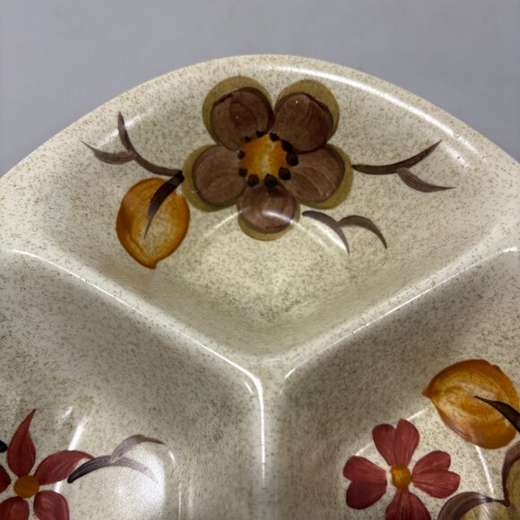 Radford Divided Ceramic Serving Dish 1970s Earth Tone Flowers Handpainted CHIP - Picture 5 of 8